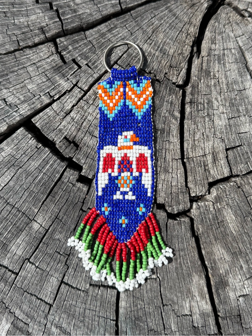 VINTAGE NATIVE AMERICAN GLASS SEED  BEADED THUNDERBIRD KEYCHAIN